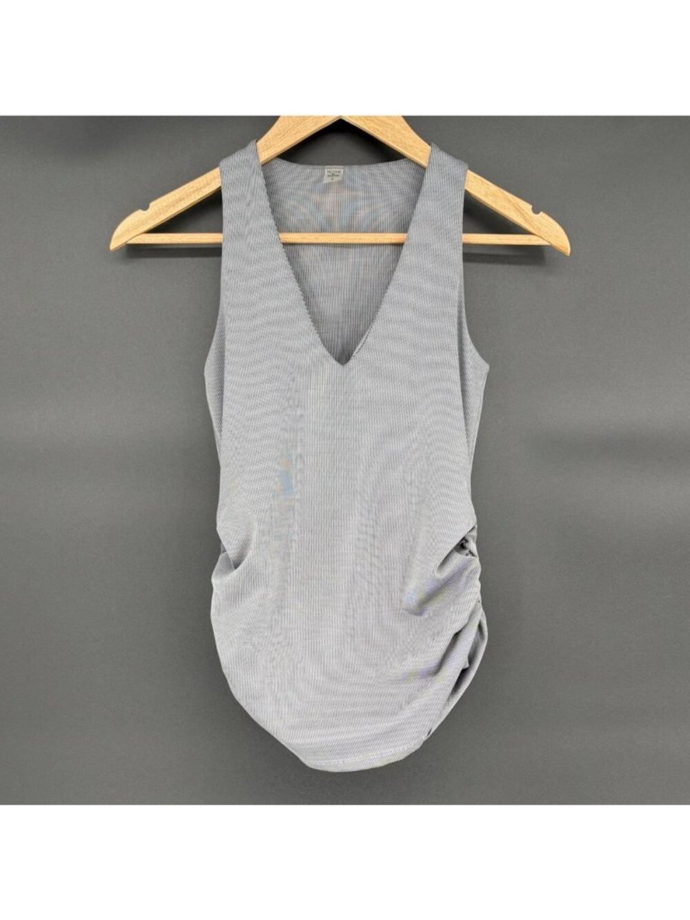 Beyond the Bump Beyond Yoga Maternity Tank Top S Gray Striped Ruched V-neck